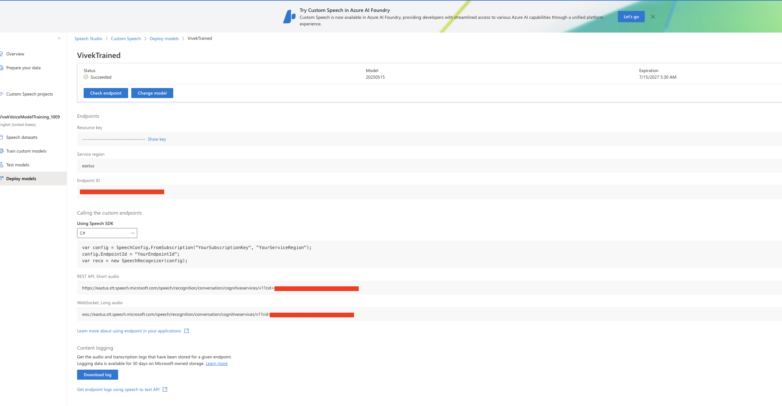 Not able to access the custom neural voice trained model through API ...
