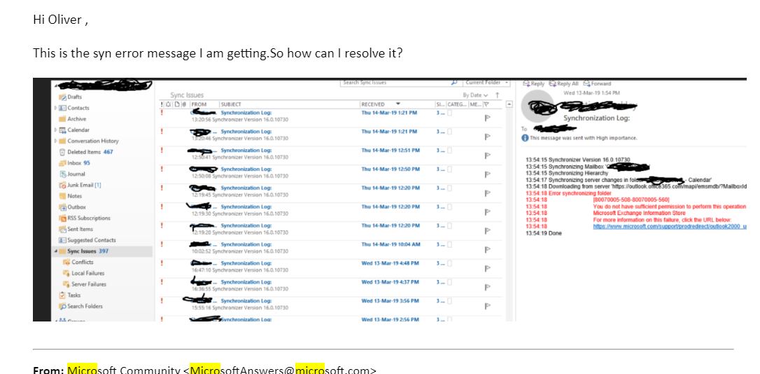 why Iam getting sync issues error message in outlook - Microsoft Q&A