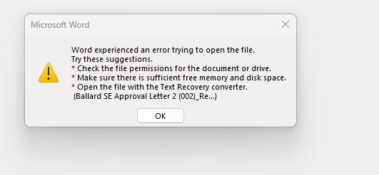 Unable to open Word doc - Word encountered an error trying to open the ...