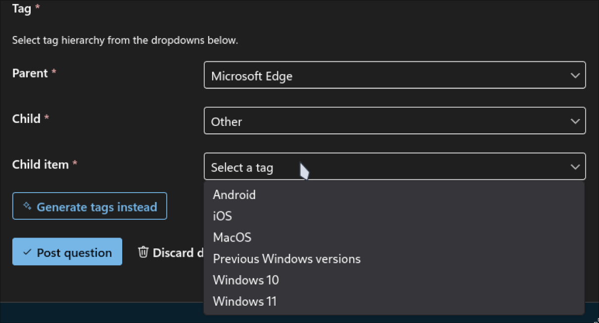 Tag options showing no linux option