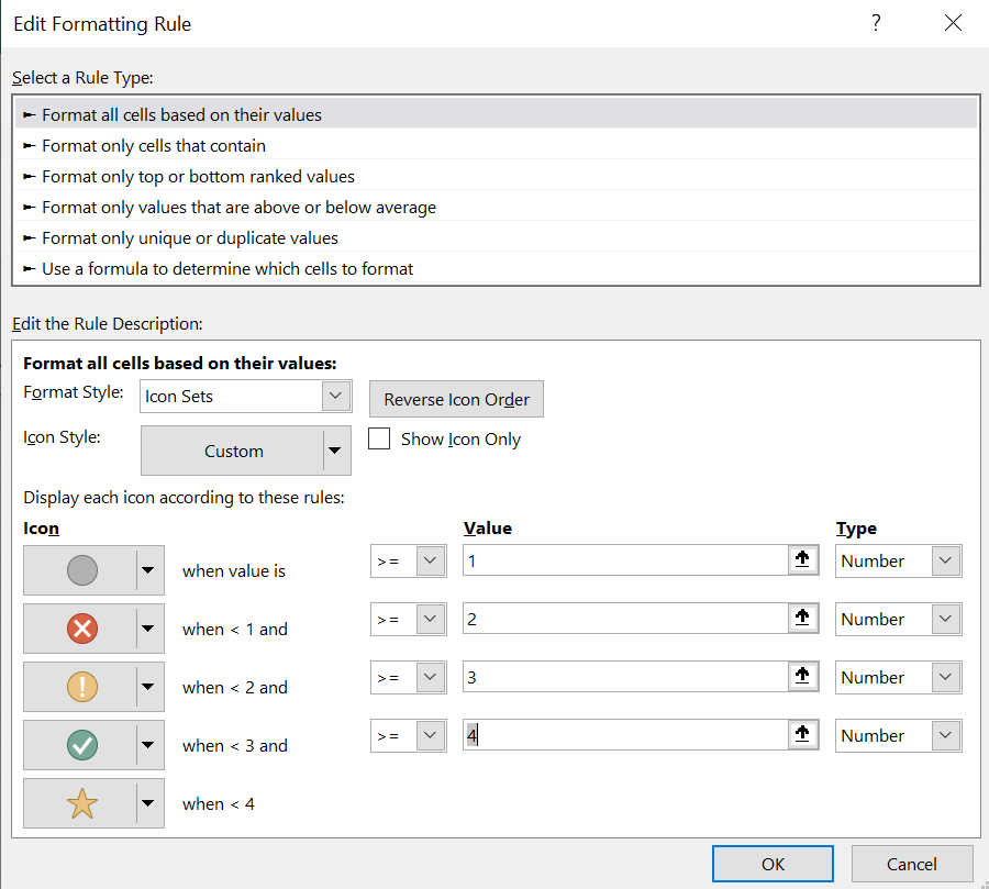 Conditional formatting - 1, 2, 3, 4, 5 icon sets using number ...