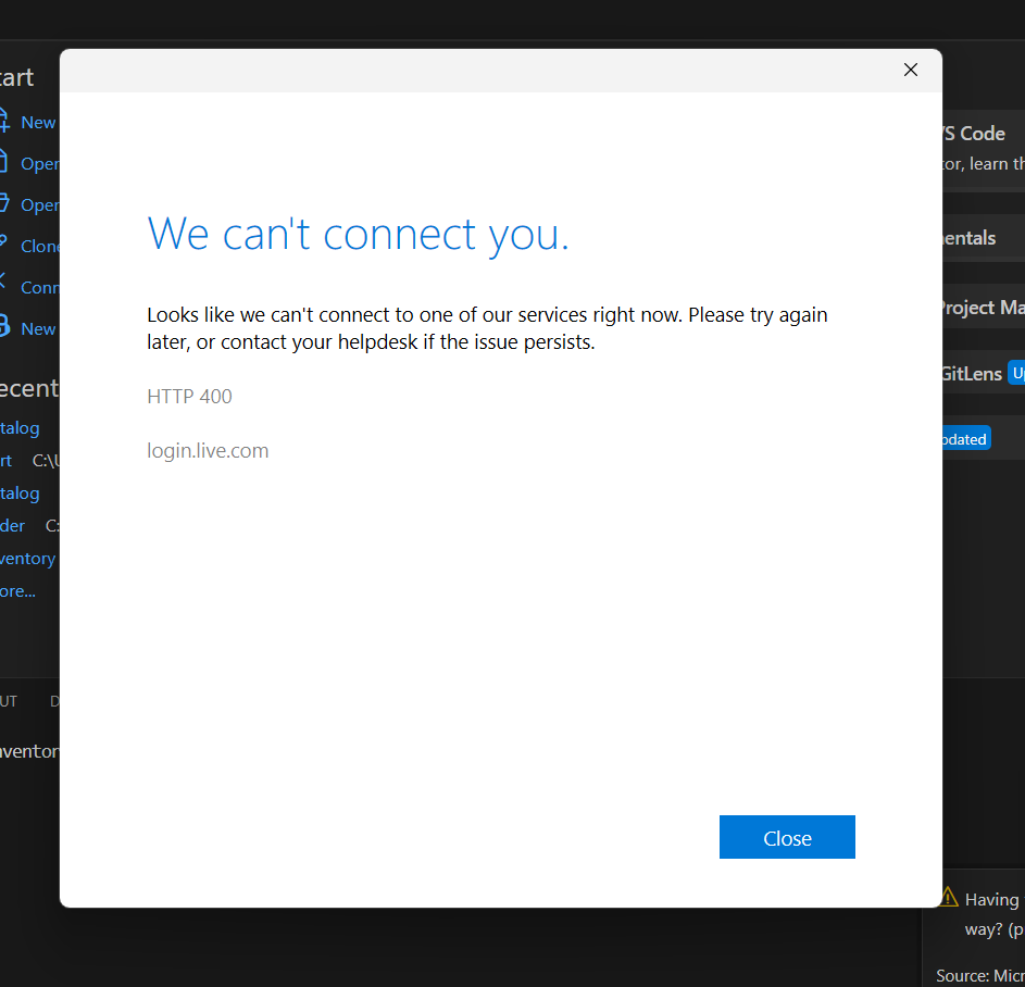 Not able to login from microsoft visual studio, showing http 400 ...