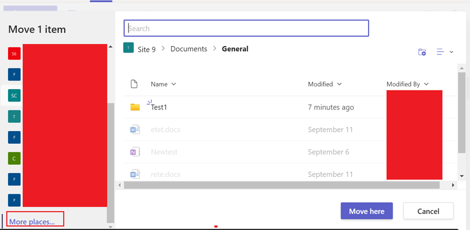 I am unable to see a one of my MS teams when I attempt to move a folder ...