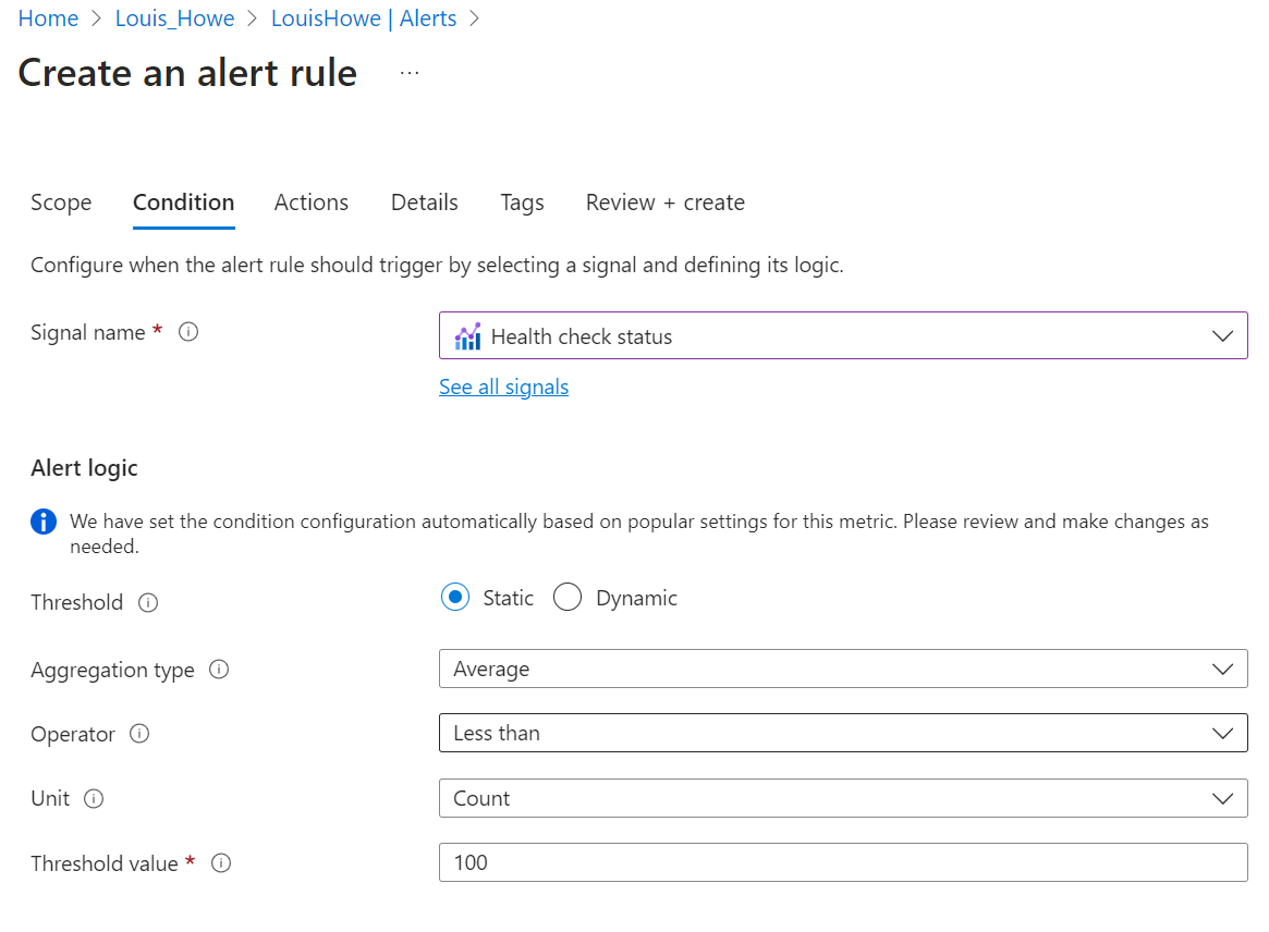 Configuring an alert for the Health Check status - Microsoft Q&A