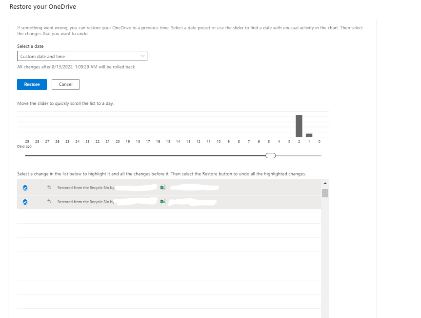 Restore OneDrive Function fails to load list of changes for custom date ...