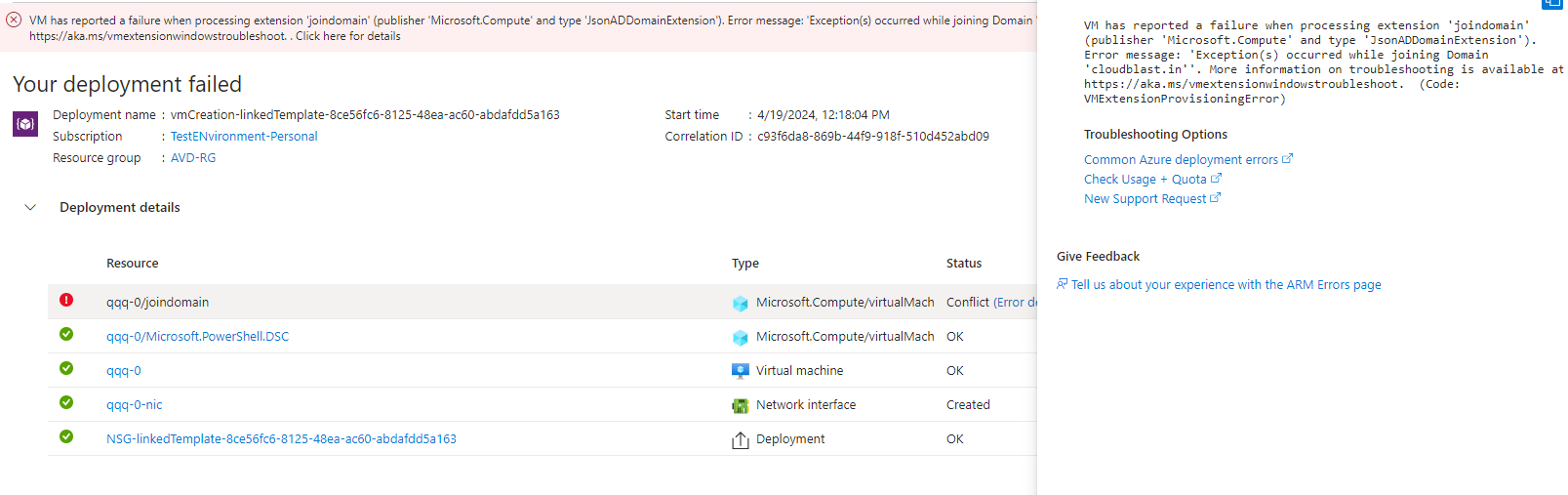 When i am creating a host pool using my AD as the directory there is ...