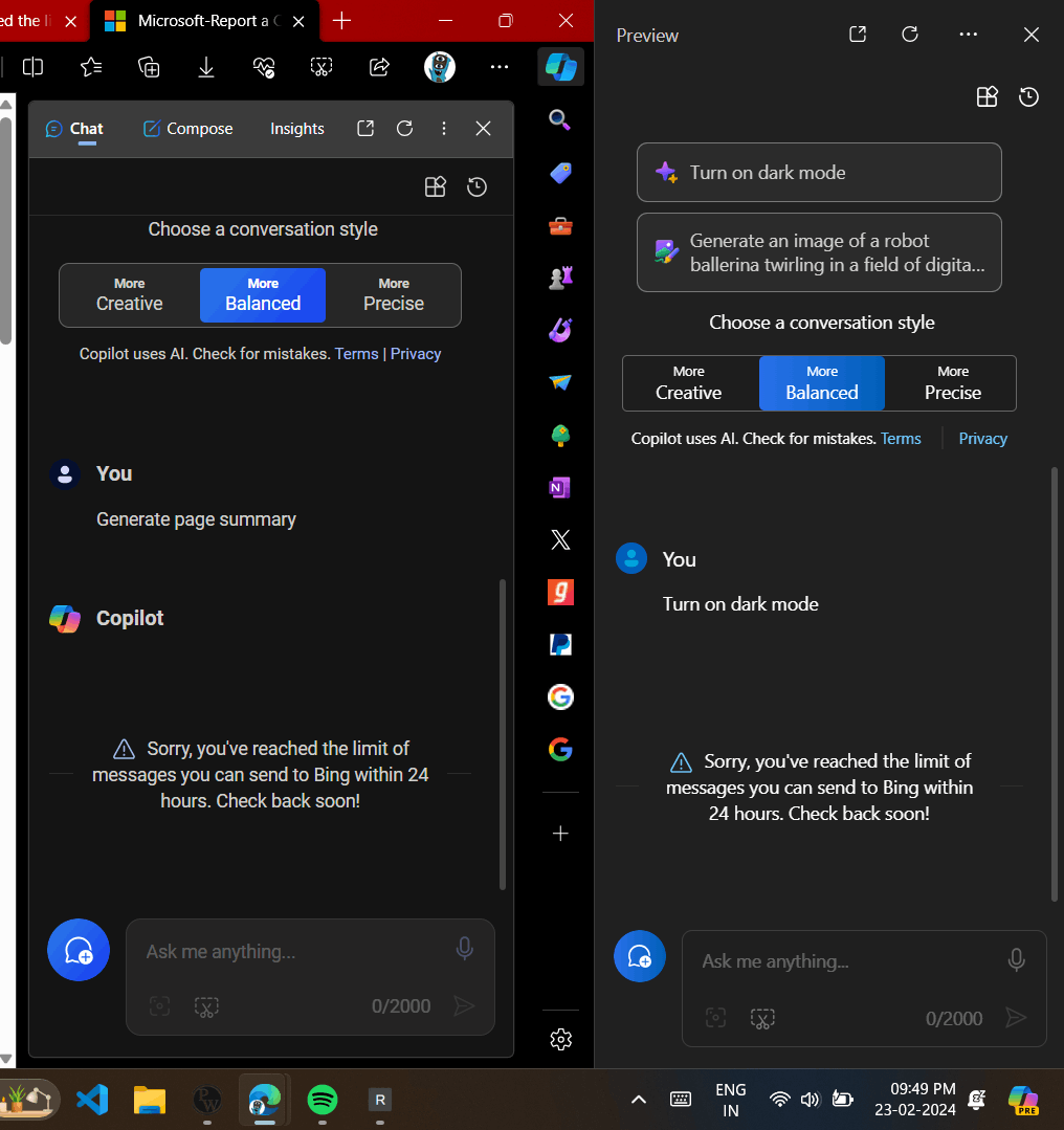 Sorry, you've reached the limit of messages you can send to Bing within ...