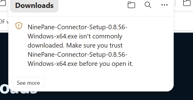 Microsoft Edge uncommon-download warning for NinePane Connector 0.8.56