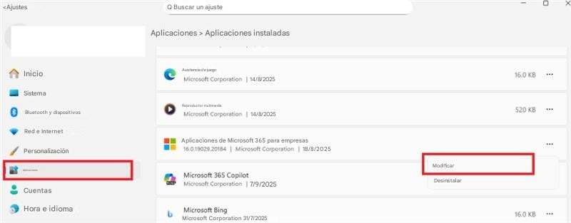 <AjustesQ Buscar un ajusteAplicaciones > Aplicaciones instaladasInicioSistemaAsistencia de juegoMicrosoft Corporation14/8/202516.0 KBBluetooth y dispositivosReproductor multimediaMicrosoft Corporation14/8/2025520 KBRed e InternetPersonalizaciónAplicaciones de Microsoft 365 para empresas16.0.19029.20184 |Microsoft Corporation18/8/2025AplicacionesMicrosoft 365 CopilotMicrosoft Corporation |Cuentas7/9/2025Hora e idiomaMicrosoft BingMicrosoft Corporation 31/7/2025ModificarDesinstalar16.0 KB