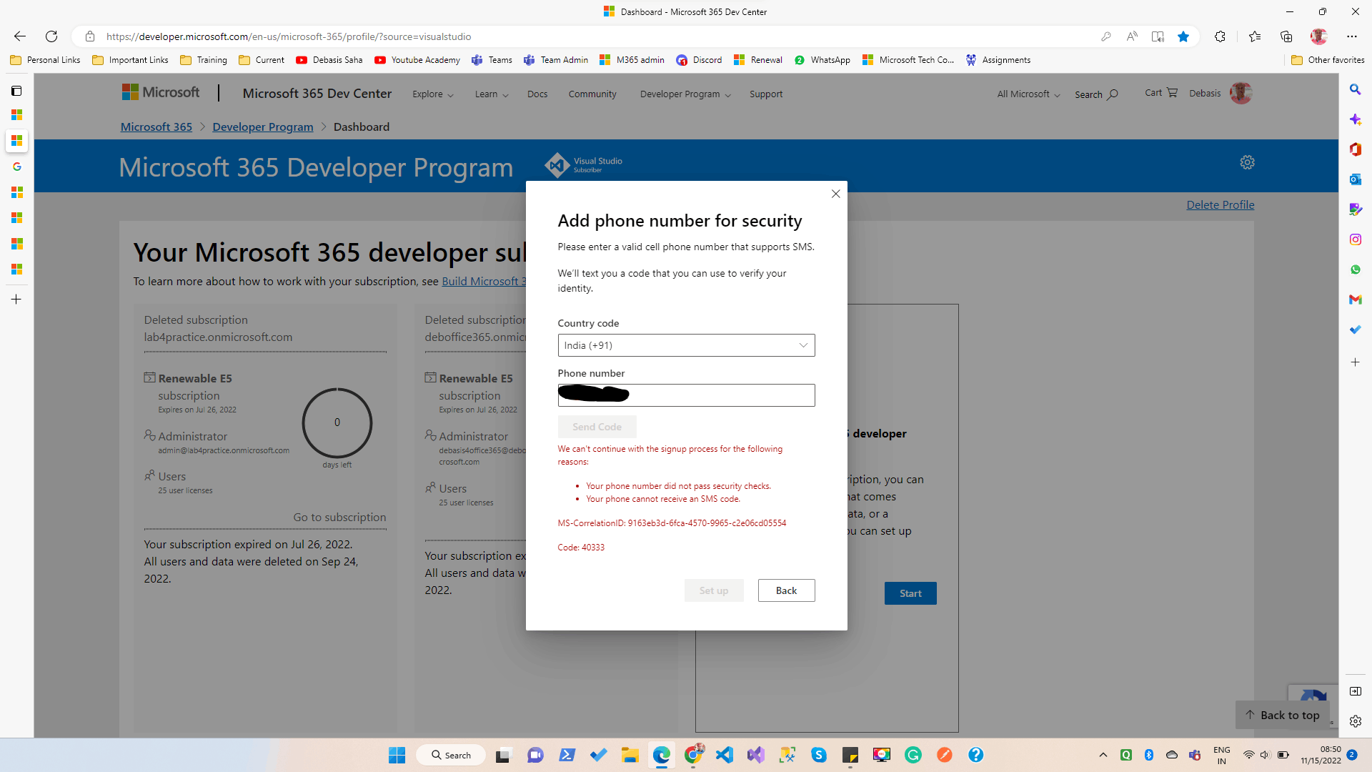 Not able to create the Microsoft 365 Developer Sandbox due to the ...