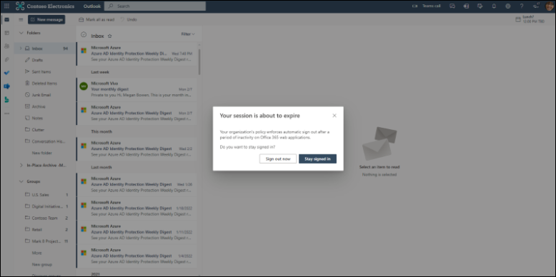 Screenshot: Prompt letting you know that your session is about to expire. Select Stay signed in so you don't get signed out of Microsoft 365 web apps