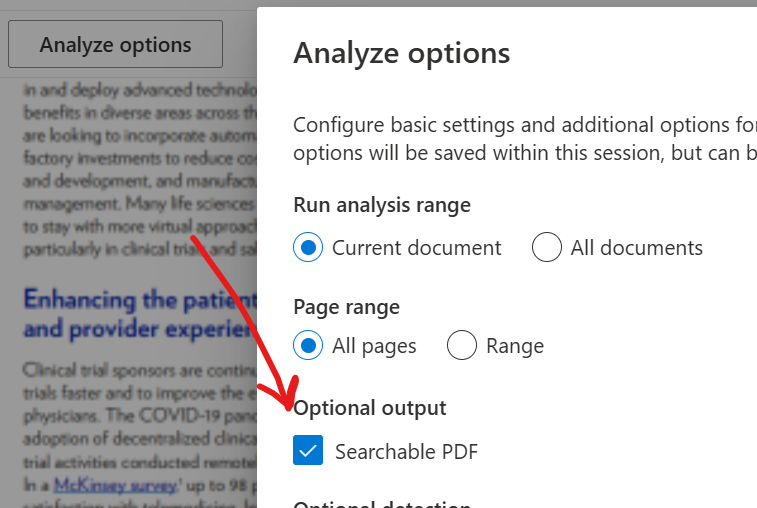 Analyze options dialog