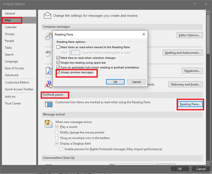 reading pane reverts back to previous layout after being changed ...