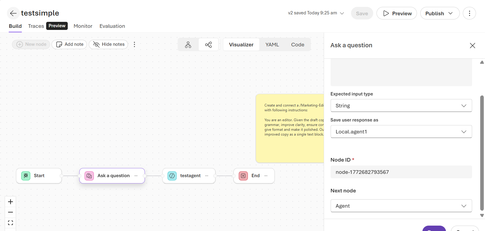 InvokeAzureAgent requires an element of type Object, but target has ...