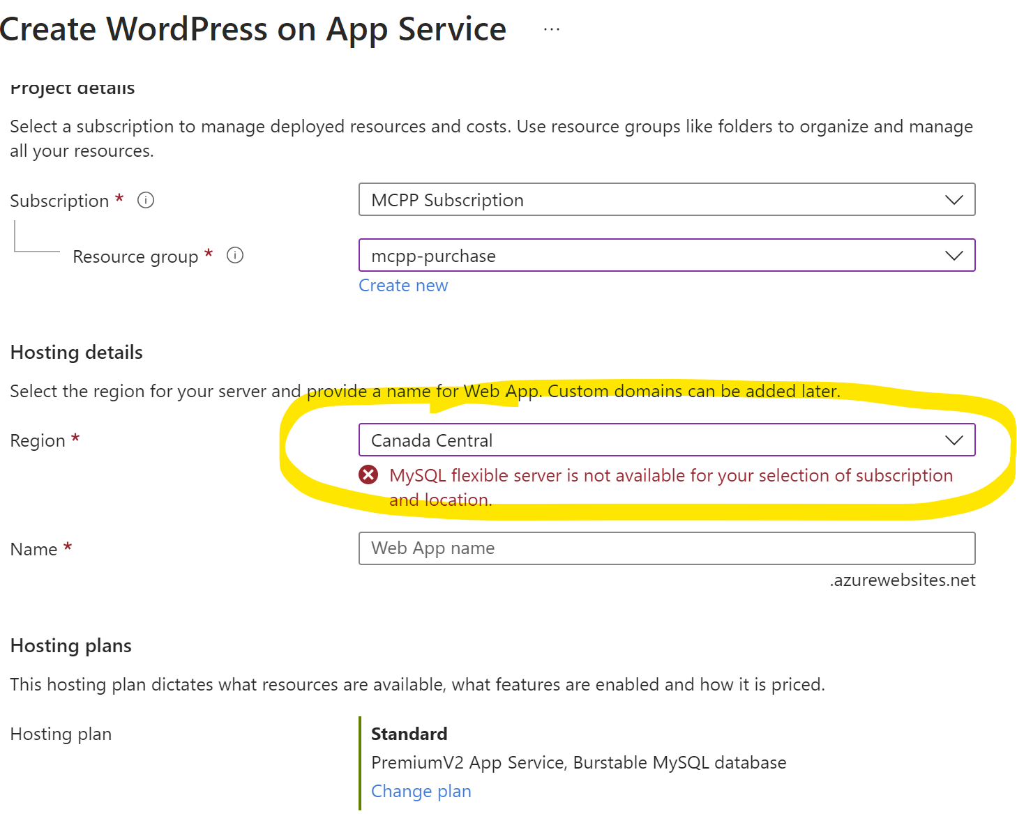 Create WordPress on App Service Error