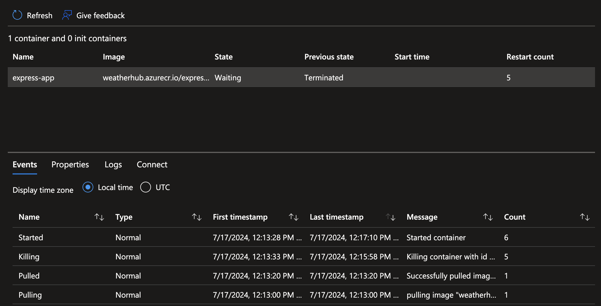 Azure container instance restarts perpetually. Image is based taken ...