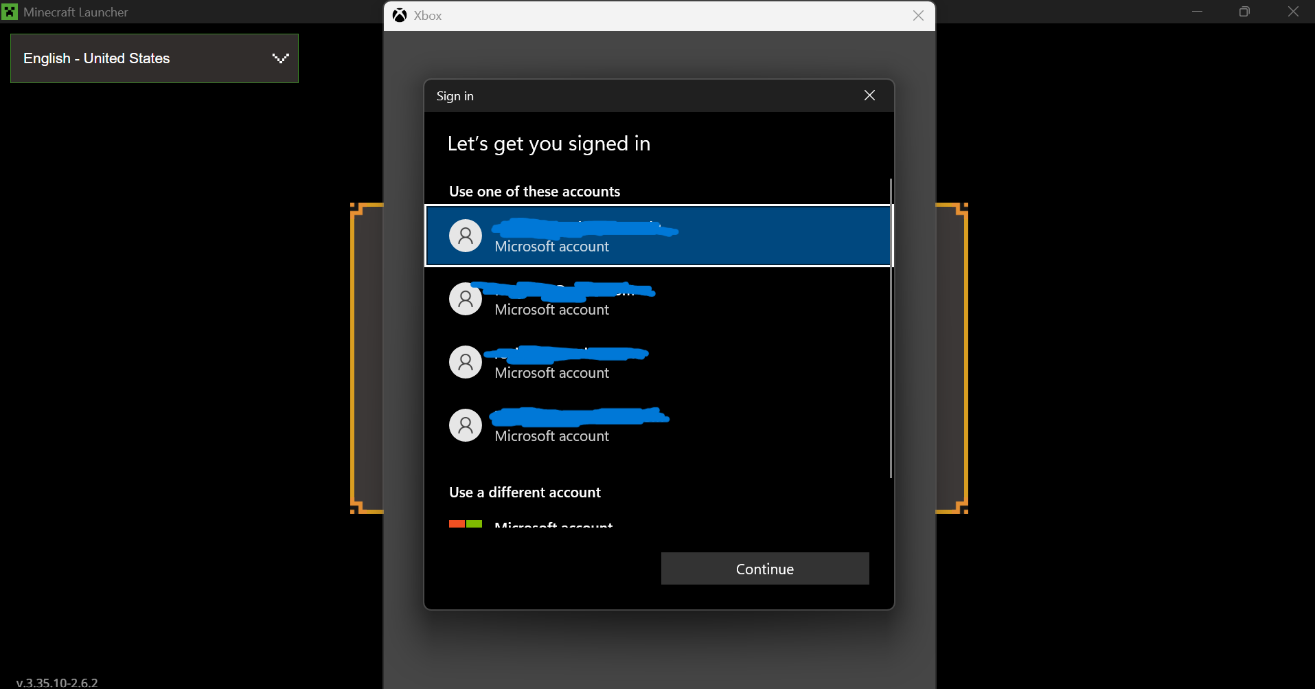 Xbox sign-in dialog listing Microsoft account choices