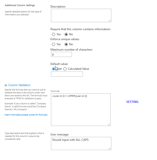 Fail to Set Column Valiation for Text In ALL CAPS - Microsoft Q&A