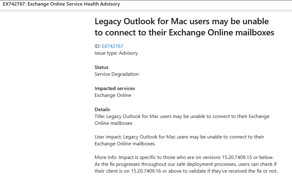 Legacy Outlook for Mac stopped connecting to O365 last evening - can it ...