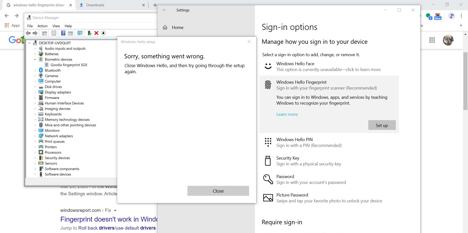 fingerprint log in option not working: Sorry something went wrong ...