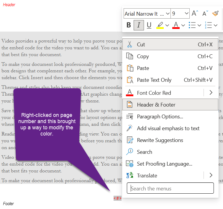 microsoft word page number color