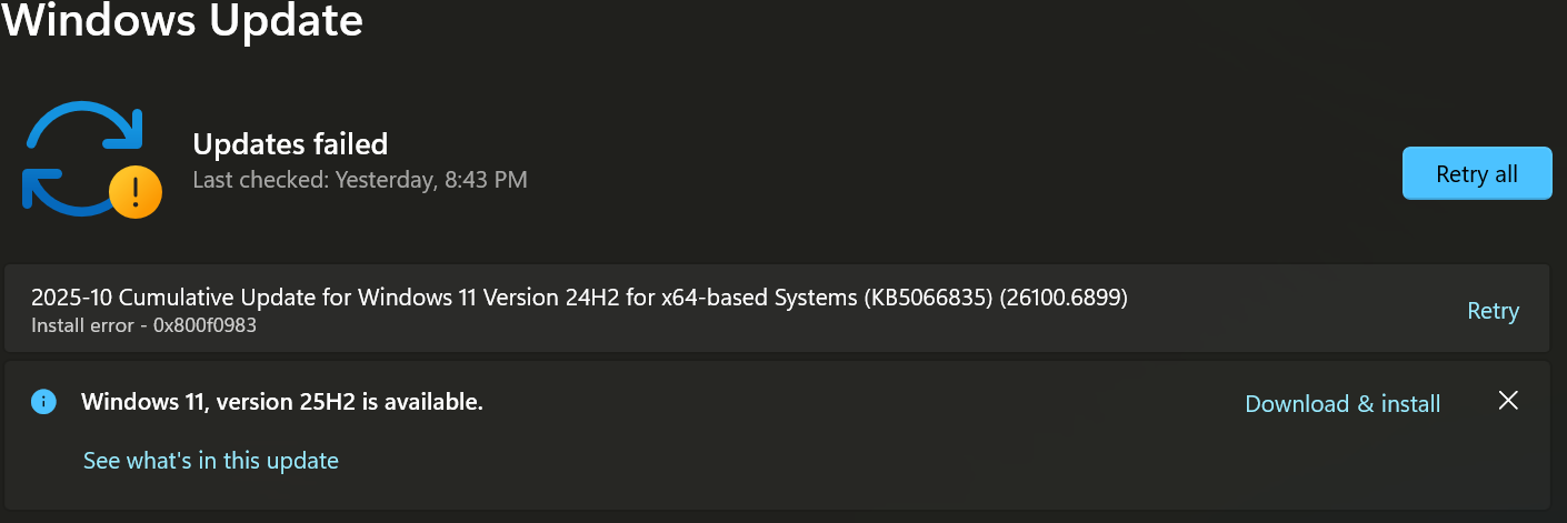 25H2へアップデートできない - Microsoft Q&A