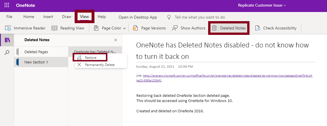 OneNote has Deleted Notes disabled - do not know how to turn it back on ...