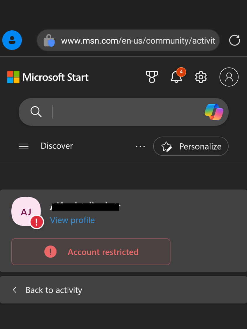 MSN community account indefinitely restricted appeal link. - Microsoft Q&A