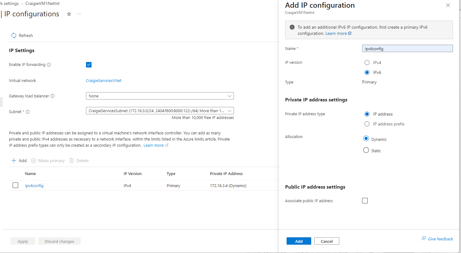 I am unable to add an IPv6 configuration to a VM network interface ...