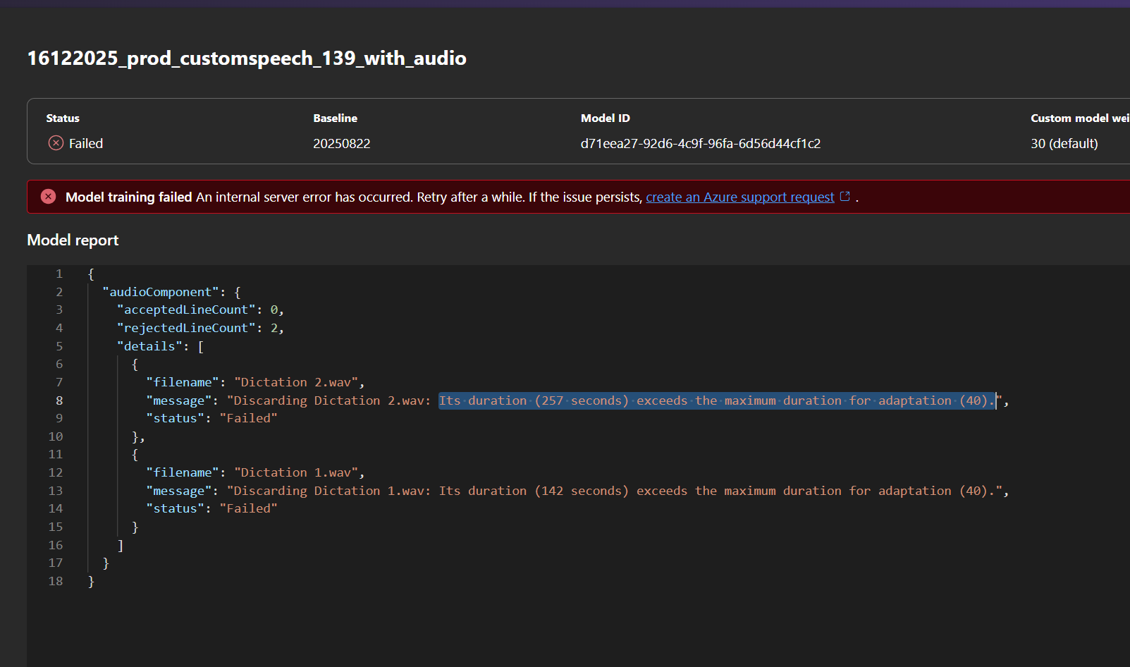 Custom Speech model training fails when using audio - Microsoft Q&A