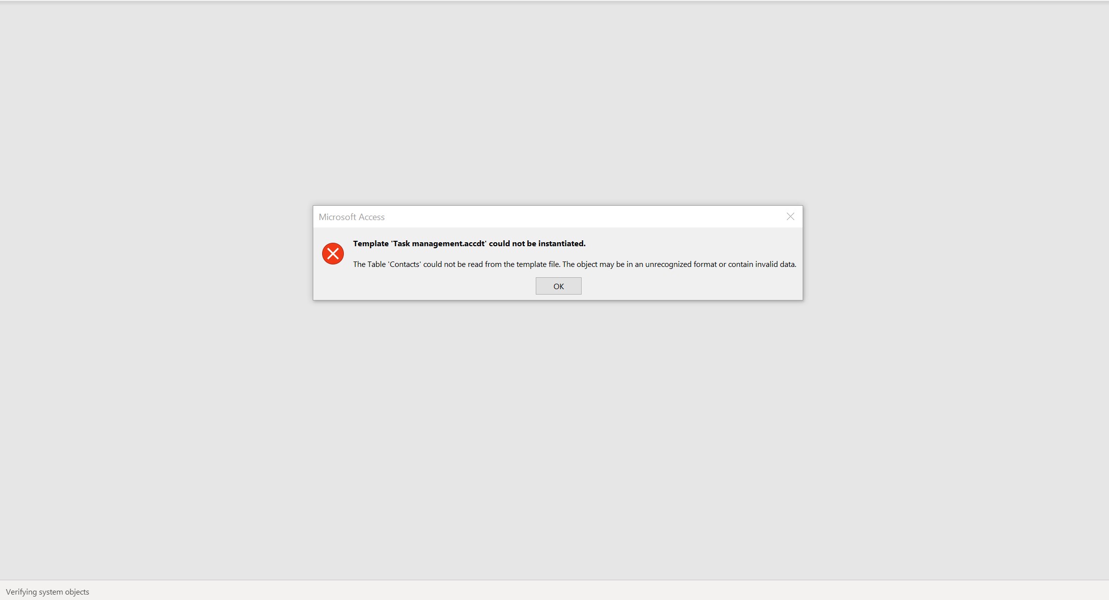 Microsoft Access Template could not be initiated and unreadeable ...