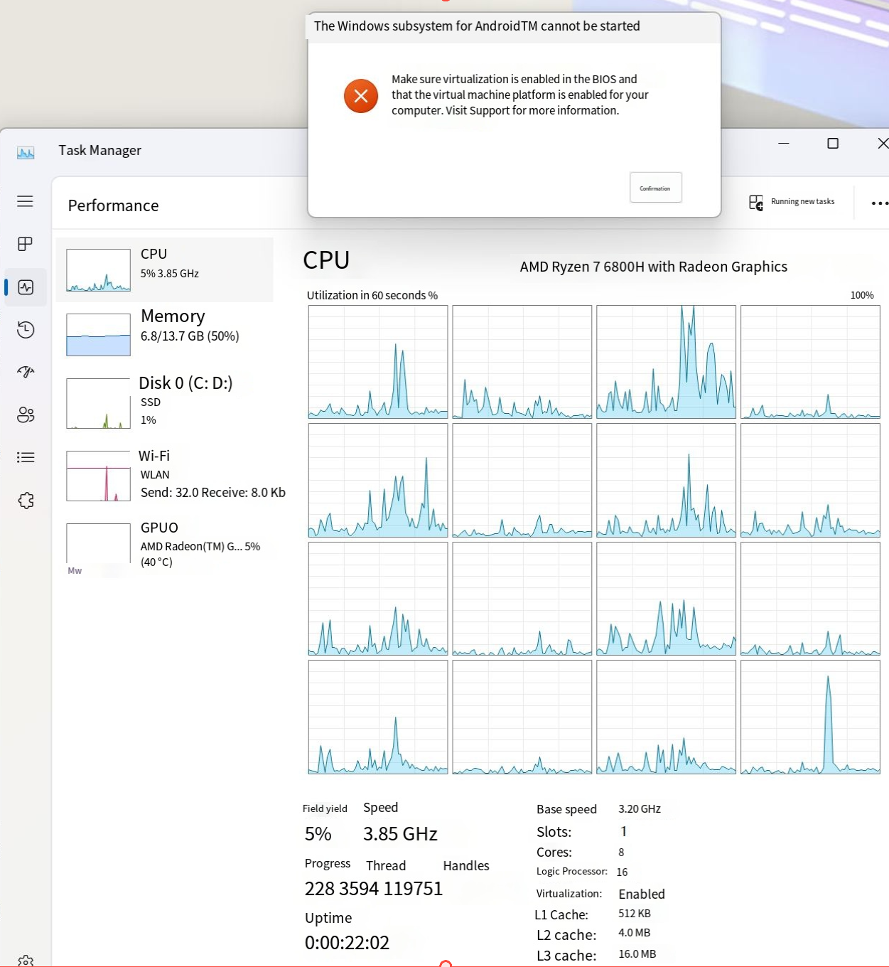 When i start wsa it tells me that cpu virtualization is not enabled
