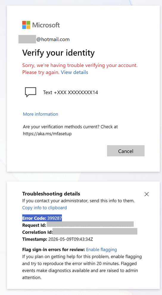Please help, can't sign in Azure. Blocked with Error 399287: MFA Method ...