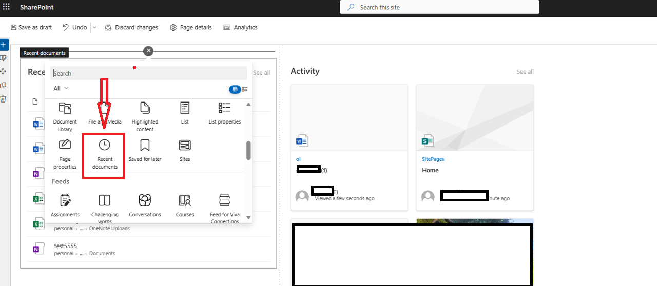 My recent documents/sites in Sharepoint site - Microsoft Q&A