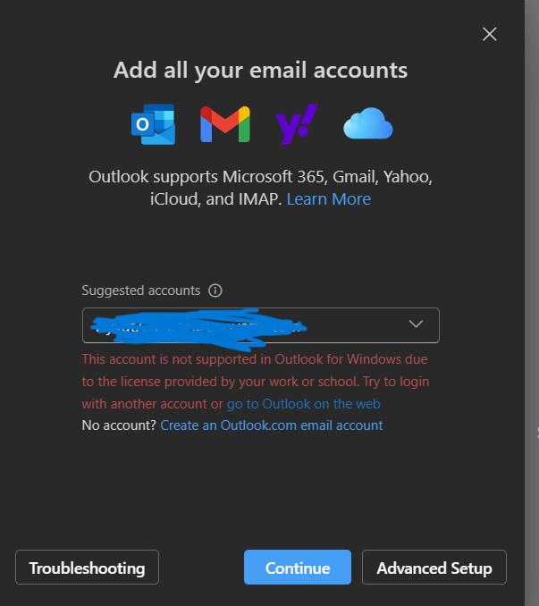 I am unable to open my company account on the Outlook application ...