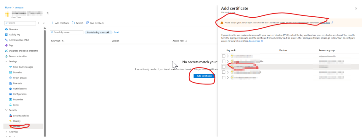 Unable to add custom domain certificate in front door - Microsoft Q&A