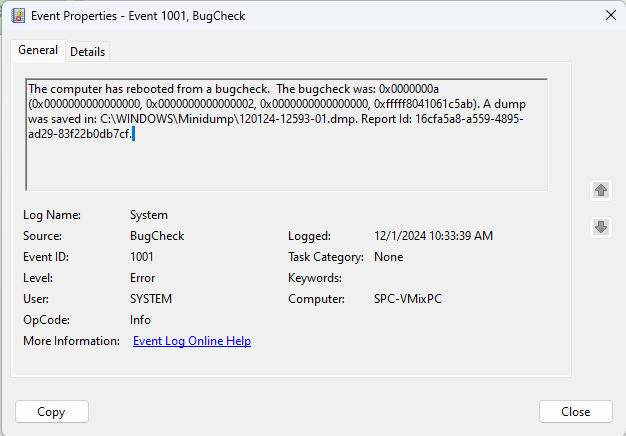 The computer has rebooted from a bugcheck. The bugcheck was: 0x0000000a ...