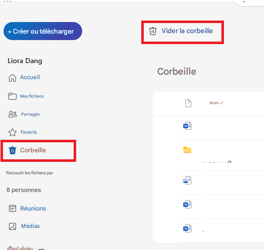 + Créer ou téléchargerVider la corbeilleLiora DangAccueilCorbeilleWMes fichiersPartagésNom ✓AFavorisCorbeilleParcourir les fichiers par8 personnesRéunionsMédiasNOUSWAccès rapide
