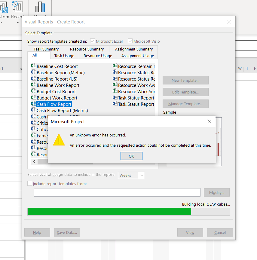 unable to export visual report "an unknown error has occurred ...
