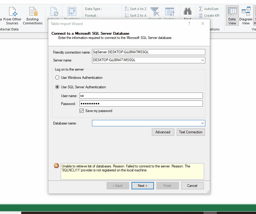 Unable to Import SQL Server Data in to Power Pivot - Microsoft Q&A