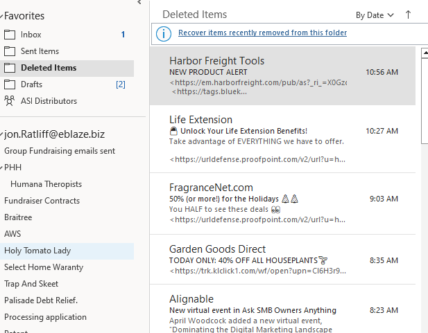 My Outlook email DELETE folder shows ZERO messages. The folder actually ...