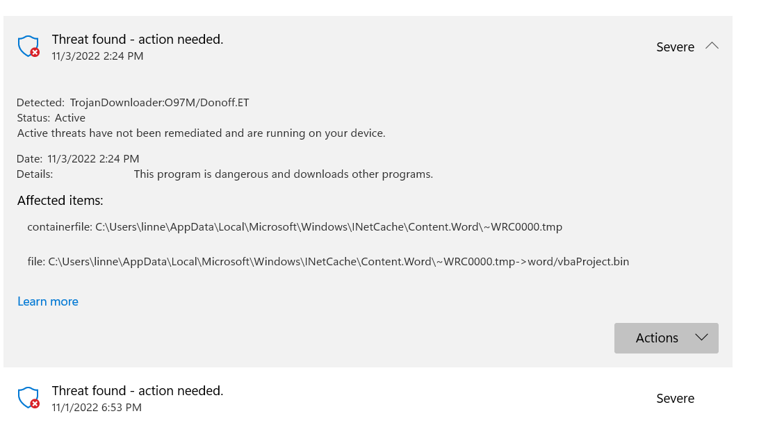 Cannot remove TrojanDownloader:O97M/Donoff.ET More instance appearing ...