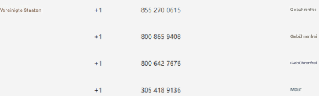 Vereinigte Staaten+1855 270 0615Gebührenfrei+1800 865 9408Gebührenfrei+1800 642 7676Gebührenfrei+1305 418 9136Maut