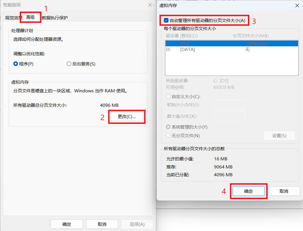 自动管理所有驱动器的分页文件大小