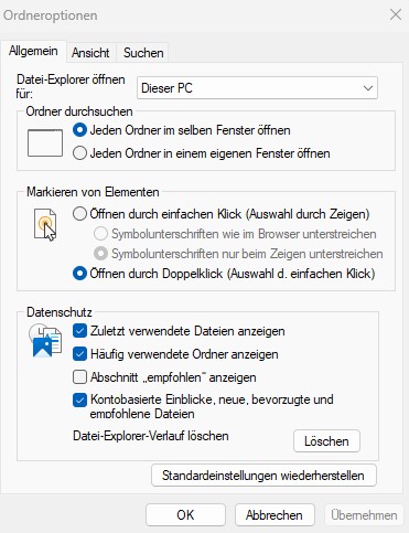 Folderoption settings