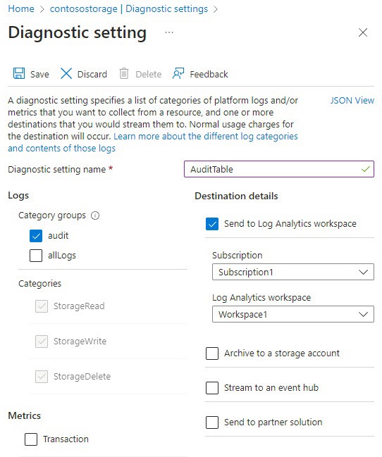 qna storage account enable table audit2