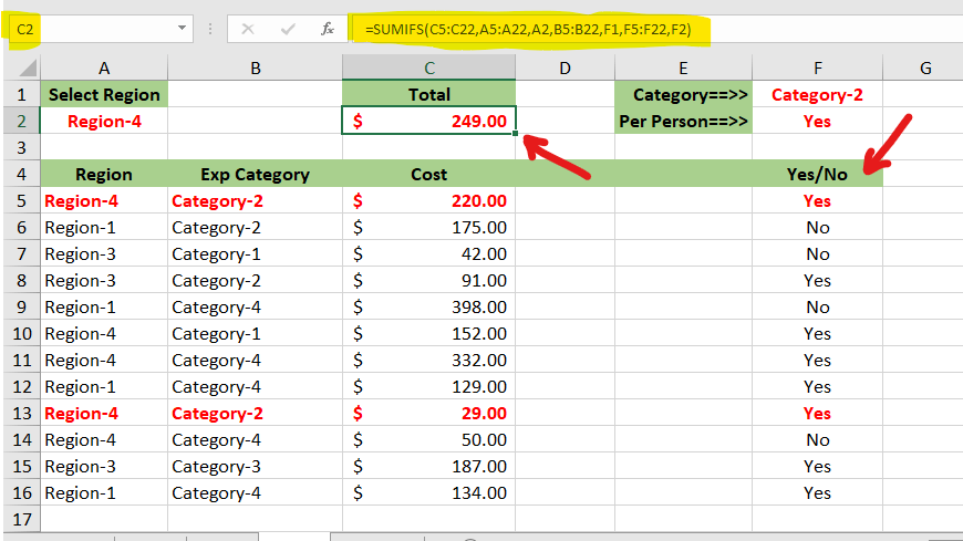 Sumifs function on multiple columns + another column based on Yes or no ...