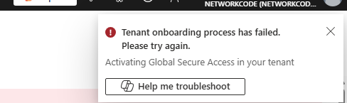 Tenant onboarding failed. Our team is working to resolve the issue ...