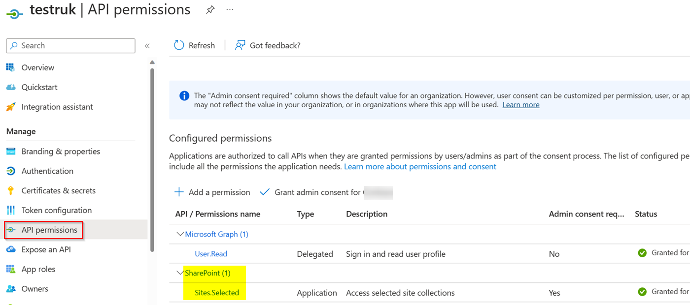 Grant Sites.Selected to Sharepoint Site using azure app registration ...