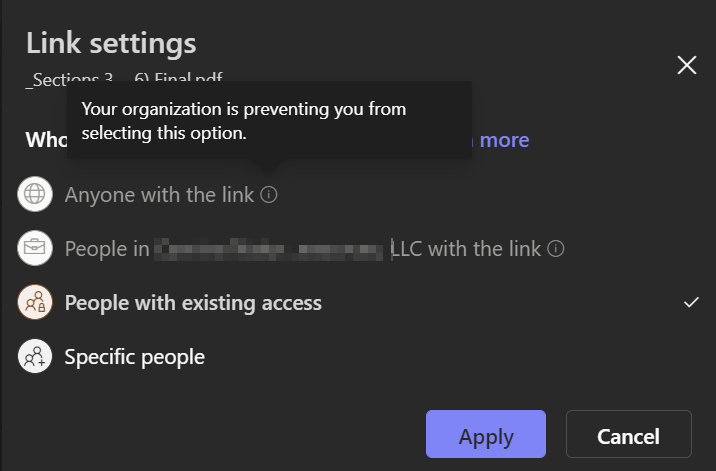 Teams "Share file to anyone with a link" option is not available. It's ...